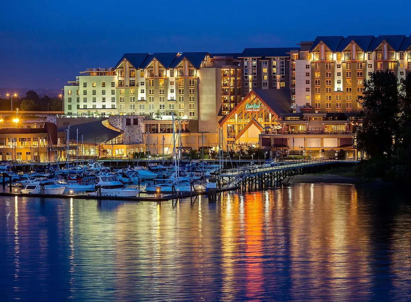 Waterfront resort architecture beside open water